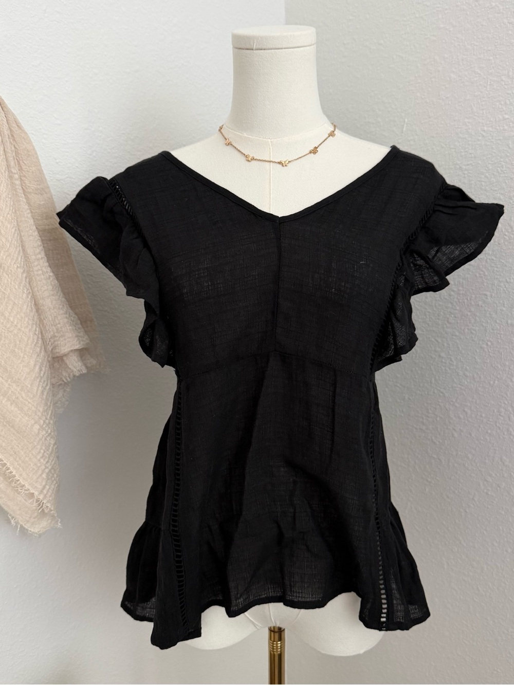 Wonderly Black Cotton Ruffle Blouse 1X Boho Peplum Top